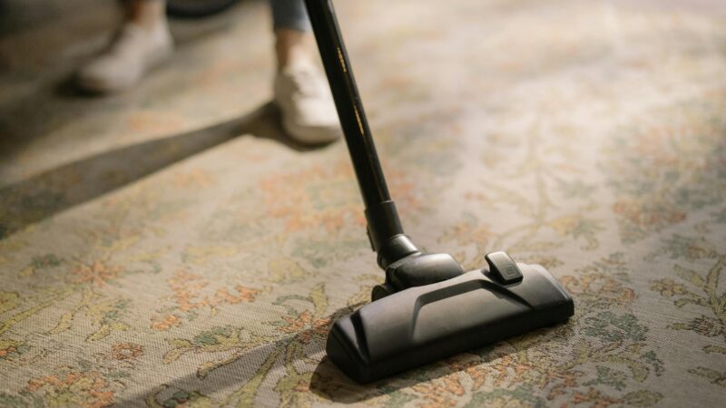 Close-up of a vacuum cleaner on a patterned carpet in a sunlit room, capturing a moment of household cleaning.